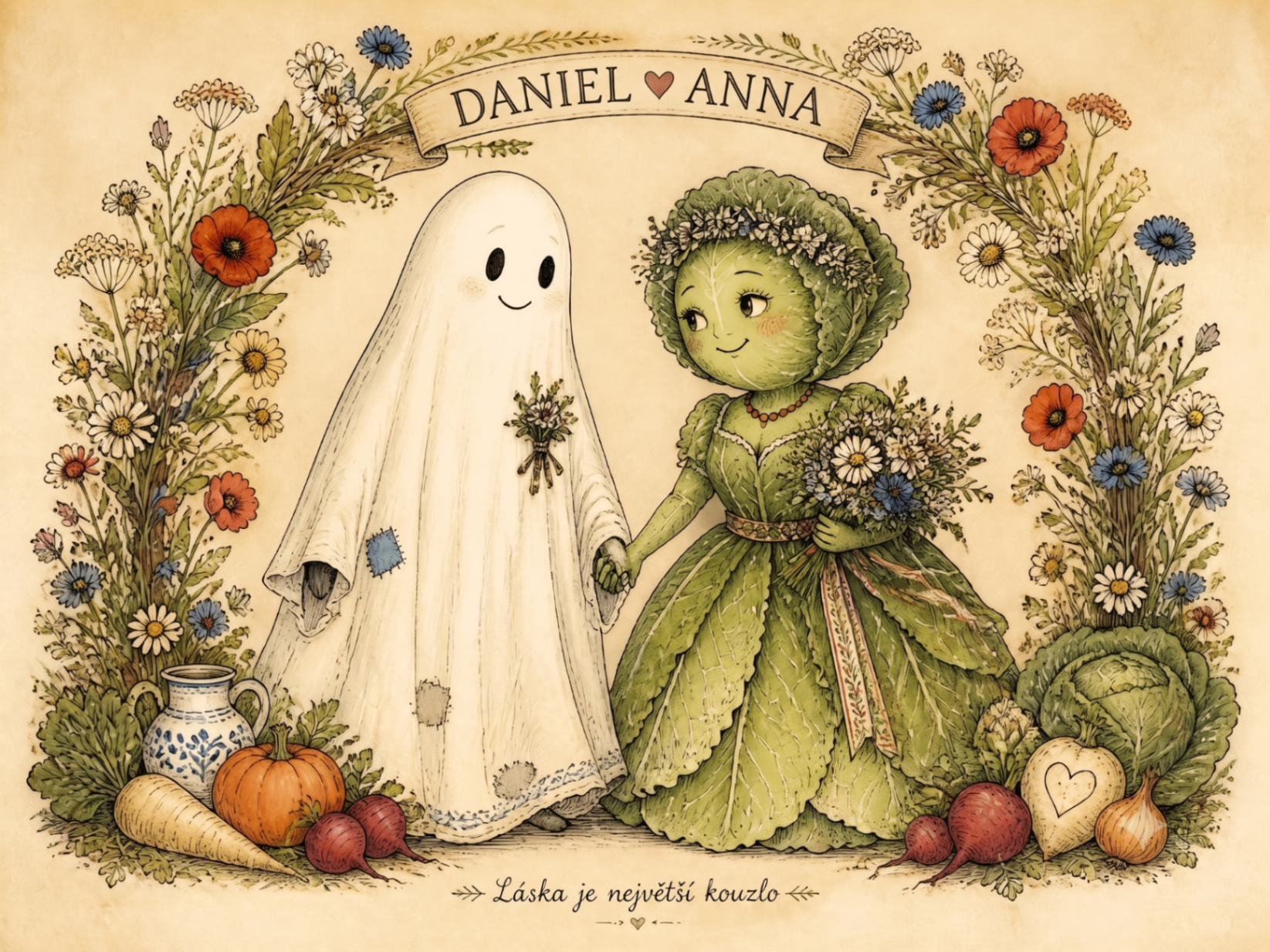 Ilustrace bubáka Daniela a zelné nevěsty Anny pod obloukem z lučních květin